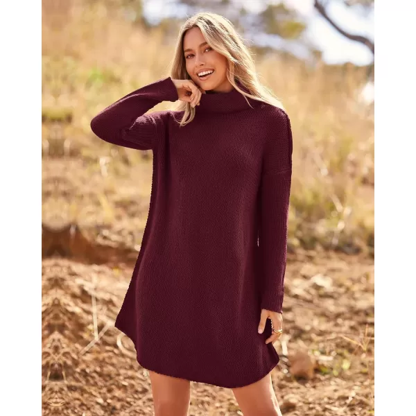 imageBTFBM Womens Fashion Turtleneck Long Sleeve Sweaters Oversized Casual Chunky Knit Fall Winter Slouchy Pullover JumperSolid Wine Red