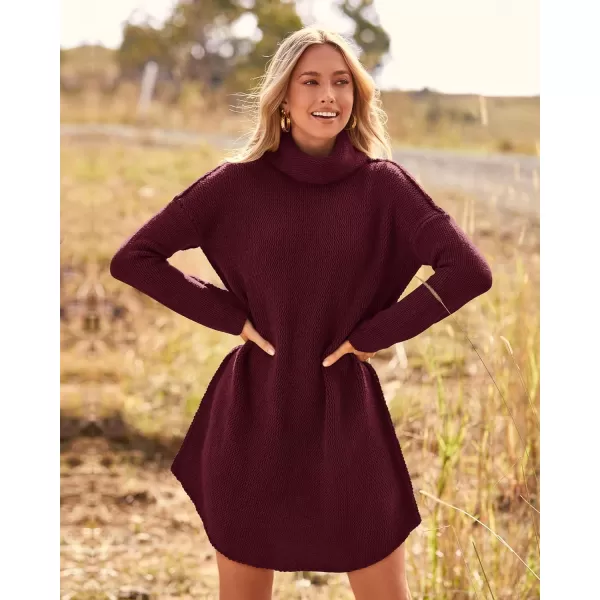 imageBTFBM Womens Fashion Turtleneck Long Sleeve Sweaters Oversized Casual Chunky Knit Fall Winter Slouchy Pullover JumperSolid Wine Red