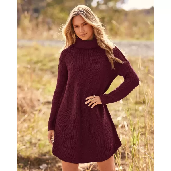 imageBTFBM Womens Fashion Turtleneck Long Sleeve Sweaters Oversized Casual Chunky Knit Fall Winter Slouchy Pullover JumperSolid Wine Red