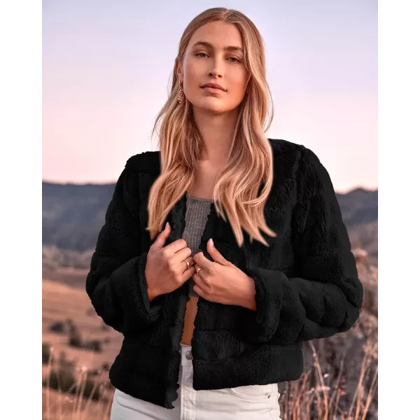 imageBTFBM Womens Faux Fur Cropped Jacket 2023 Fall Winter Fashion Soft Long Sleeve Open Front Fluffy Short Coat OuterwearSolid Black