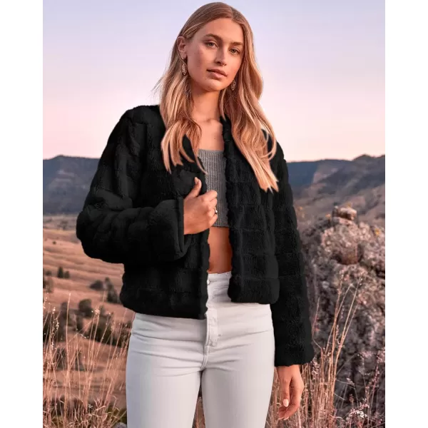 imageBTFBM Womens Faux Fur Cropped Jacket 2023 Fall Winter Fashion Soft Long Sleeve Open Front Fluffy Short Coat OuterwearSolid Black
