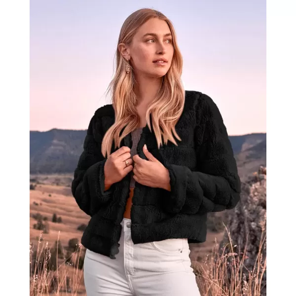 imageBTFBM Womens Faux Fur Cropped Jacket 2023 Fall Winter Fashion Soft Long Sleeve Open Front Fluffy Short Coat OuterwearSolid Black
