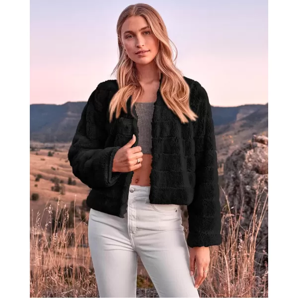 imageBTFBM Womens Faux Fur Cropped Jacket 2023 Fall Winter Fashion Soft Long Sleeve Open Front Fluffy Short Coat OuterwearSolid Black