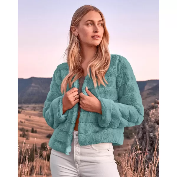 imageBTFBM Womens Faux Fur Cropped Jacket 2023 Fall Winter Fashion Soft Long Sleeve Open Front Fluffy Short Coat OuterwearSolid Blue Green