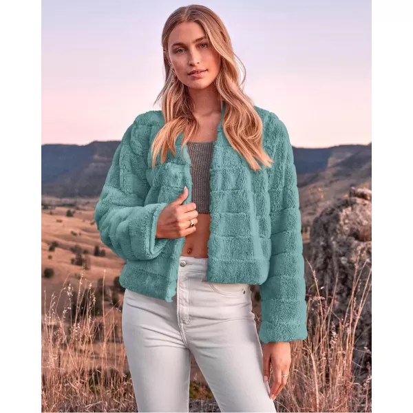 imageBTFBM Womens Faux Fur Cropped Jacket 2023 Fall Winter Fashion Soft Long Sleeve Open Front Fluffy Short Coat OuterwearSolid Blue Green