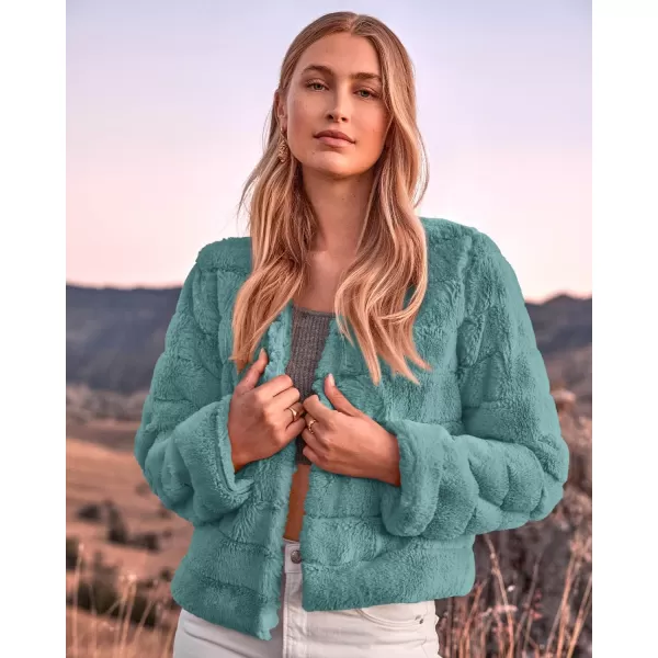 imageBTFBM Womens Faux Fur Cropped Jacket 2023 Fall Winter Fashion Soft Long Sleeve Open Front Fluffy Short Coat OuterwearSolid Blue Green