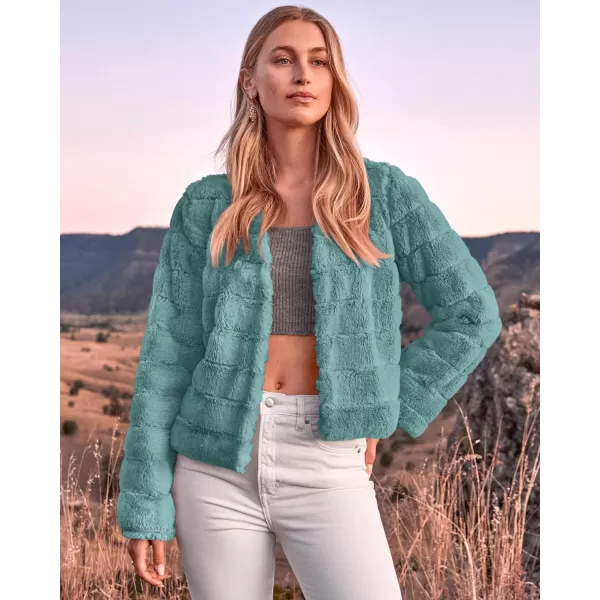 imageBTFBM Womens Faux Fur Cropped Jacket 2023 Fall Winter Fashion Soft Long Sleeve Open Front Fluffy Short Coat OuterwearSolid Blue Green