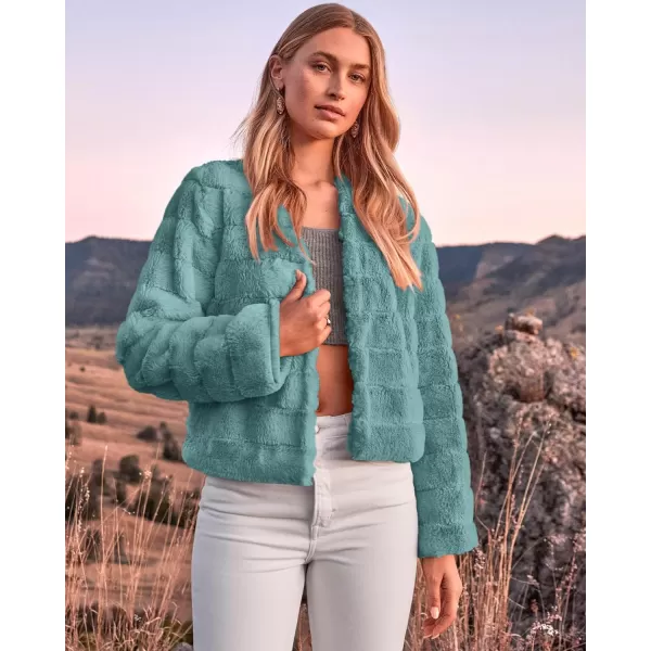 imageBTFBM Womens Faux Fur Cropped Jacket 2023 Fall Winter Fashion Soft Long Sleeve Open Front Fluffy Short Coat OuterwearSolid Blue Green