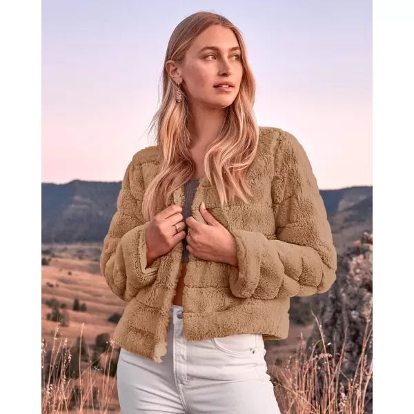 imageBTFBM Womens Faux Fur Cropped Jacket 2023 Fall Winter Fashion Soft Long Sleeve Open Front Fluffy Short Coat OuterwearSolid Brown