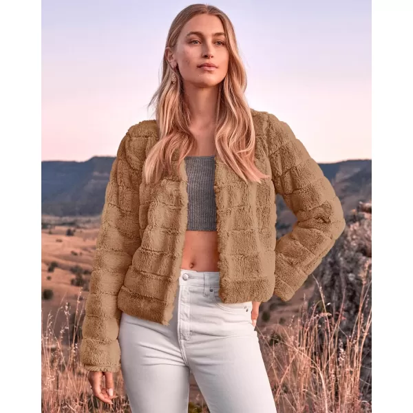 imageBTFBM Womens Faux Fur Cropped Jacket 2023 Fall Winter Fashion Soft Long Sleeve Open Front Fluffy Short Coat OuterwearSolid Brown