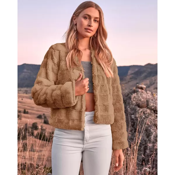 imageBTFBM Womens Faux Fur Cropped Jacket 2023 Fall Winter Fashion Soft Long Sleeve Open Front Fluffy Short Coat OuterwearSolid Brown