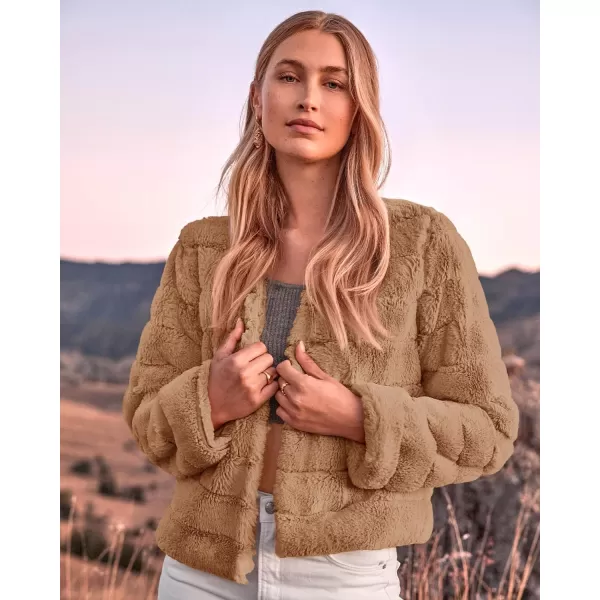 imageBTFBM Womens Faux Fur Cropped Jacket 2023 Fall Winter Fashion Soft Long Sleeve Open Front Fluffy Short Coat OuterwearSolid Brown