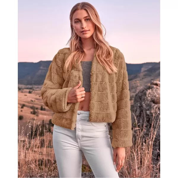 imageBTFBM Womens Faux Fur Cropped Jacket 2023 Fall Winter Fashion Soft Long Sleeve Open Front Fluffy Short Coat OuterwearSolid Brown