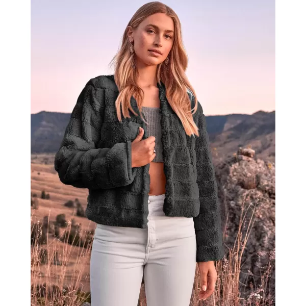 imageBTFBM Womens Faux Fur Cropped Jacket 2023 Fall Winter Fashion Soft Long Sleeve Open Front Fluffy Short Coat OuterwearSolid Dark Grey