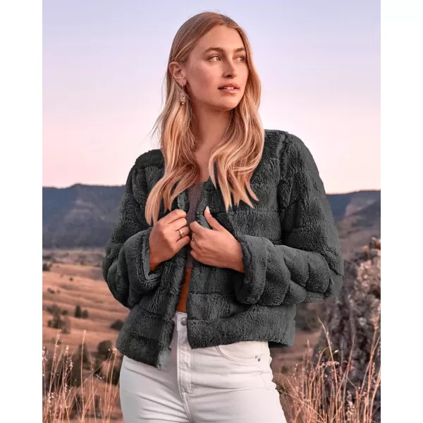 imageBTFBM Womens Faux Fur Cropped Jacket 2023 Fall Winter Fashion Soft Long Sleeve Open Front Fluffy Short Coat OuterwearSolid Dark Grey