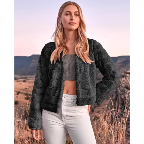 imageBTFBM Womens Faux Fur Cropped Jacket 2023 Fall Winter Fashion Soft Long Sleeve Open Front Fluffy Short Coat OuterwearSolid Dark Grey
