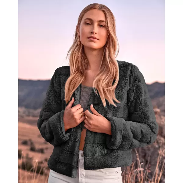 imageBTFBM Womens Faux Fur Cropped Jacket 2023 Fall Winter Fashion Soft Long Sleeve Open Front Fluffy Short Coat OuterwearSolid Dark Grey