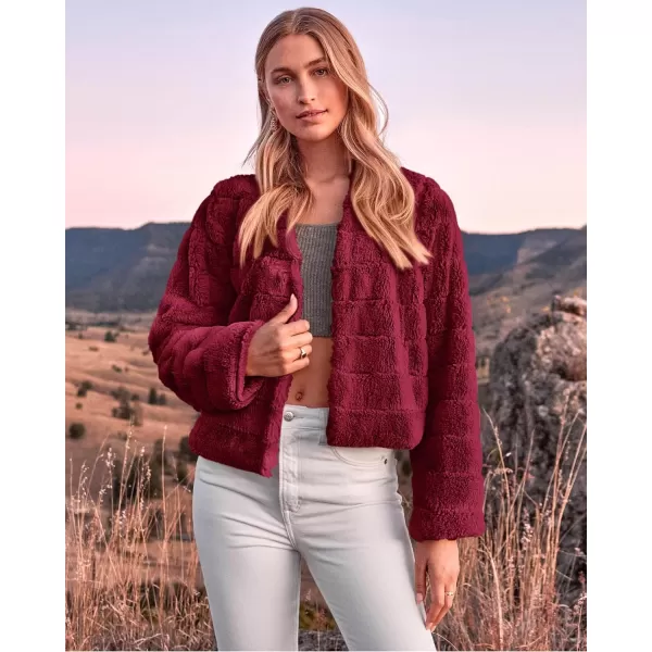 imageBTFBM Womens Faux Fur Cropped Jacket 2023 Fall Winter Fashion Soft Long Sleeve Open Front Fluffy Short Coat OuterwearSolid Dark Red