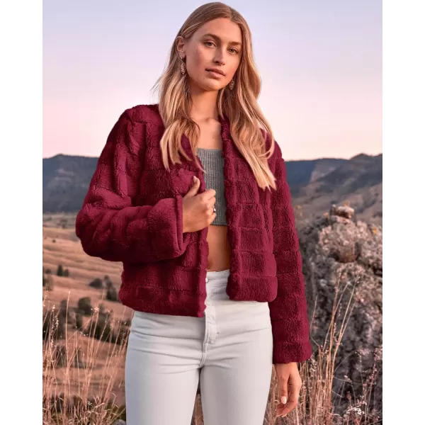 imageBTFBM Womens Faux Fur Cropped Jacket 2023 Fall Winter Fashion Soft Long Sleeve Open Front Fluffy Short Coat OuterwearSolid Dark Red