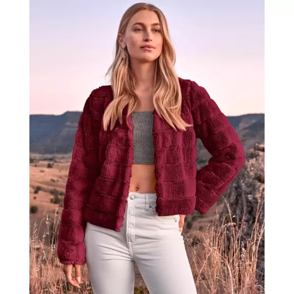 imageBTFBM Womens Faux Fur Cropped Jacket 2023 Fall Winter Fashion Soft Long Sleeve Open Front Fluffy Short Coat OuterwearSolid Dark Red