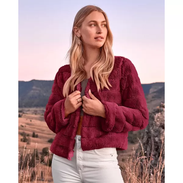 imageBTFBM Womens Faux Fur Cropped Jacket 2023 Fall Winter Fashion Soft Long Sleeve Open Front Fluffy Short Coat OuterwearSolid Dark Red