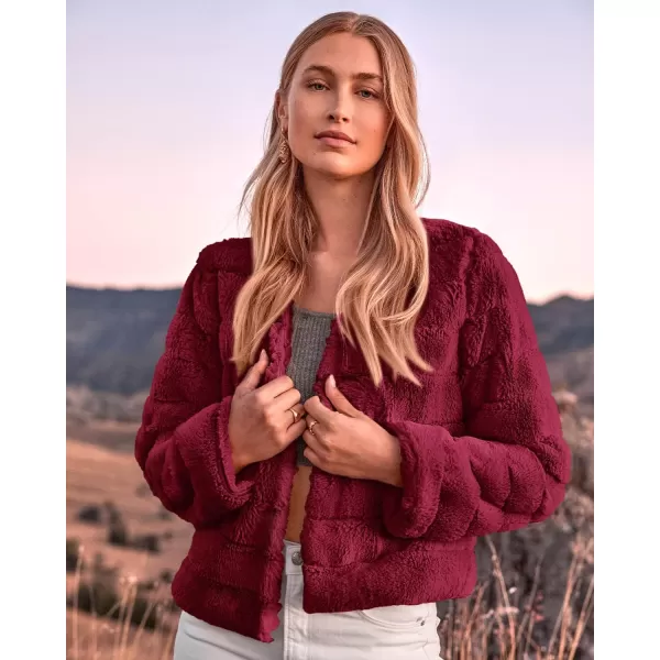 imageBTFBM Womens Faux Fur Cropped Jacket 2023 Fall Winter Fashion Soft Long Sleeve Open Front Fluffy Short Coat OuterwearSolid Dark Red