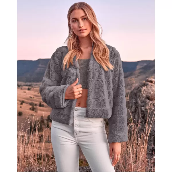 imageBTFBM Womens Faux Fur Cropped Jacket 2023 Fall Winter Fashion Soft Long Sleeve Open Front Fluffy Short Coat OuterwearSolid Light Grey