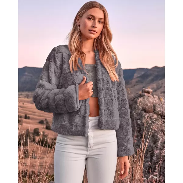 imageBTFBM Womens Faux Fur Cropped Jacket 2023 Fall Winter Fashion Soft Long Sleeve Open Front Fluffy Short Coat OuterwearSolid Light Grey