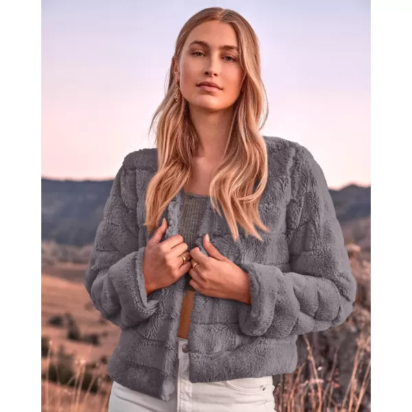 imageBTFBM Womens Faux Fur Cropped Jacket 2023 Fall Winter Fashion Soft Long Sleeve Open Front Fluffy Short Coat OuterwearSolid Light Grey
