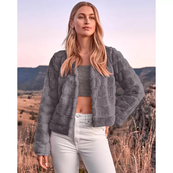 imageBTFBM Womens Faux Fur Cropped Jacket 2023 Fall Winter Fashion Soft Long Sleeve Open Front Fluffy Short Coat OuterwearSolid Light Grey