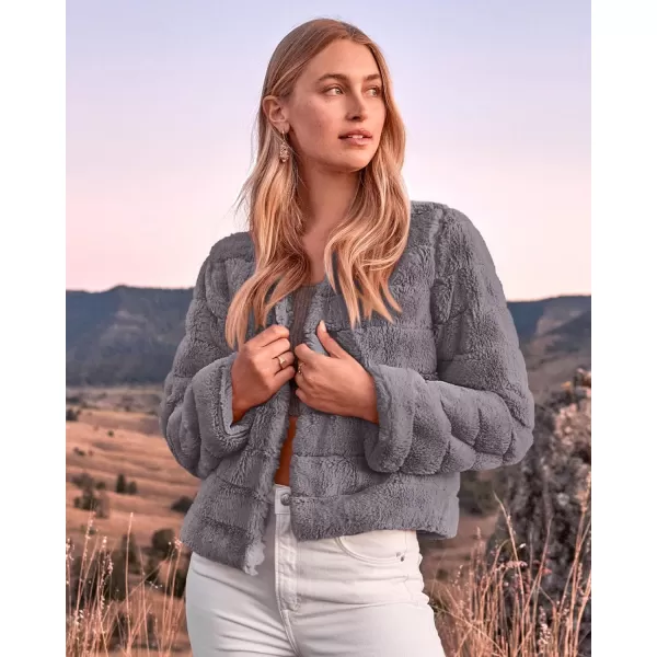imageBTFBM Womens Faux Fur Cropped Jacket 2023 Fall Winter Fashion Soft Long Sleeve Open Front Fluffy Short Coat OuterwearSolid Light Grey