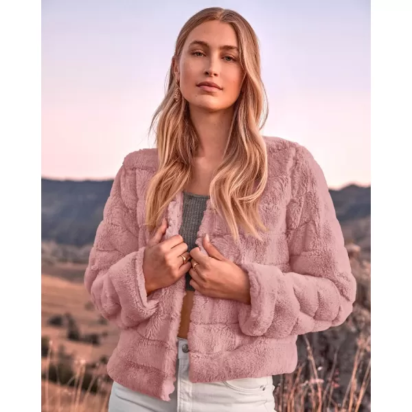 imageBTFBM Womens Faux Fur Cropped Jacket 2023 Fall Winter Fashion Soft Long Sleeve Open Front Fluffy Short Coat OuterwearSolid Pink