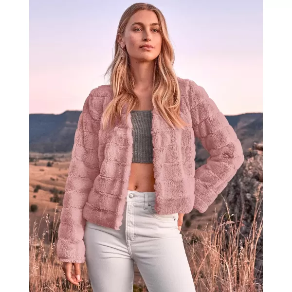 imageBTFBM Womens Faux Fur Cropped Jacket 2023 Fall Winter Fashion Soft Long Sleeve Open Front Fluffy Short Coat OuterwearSolid Pink