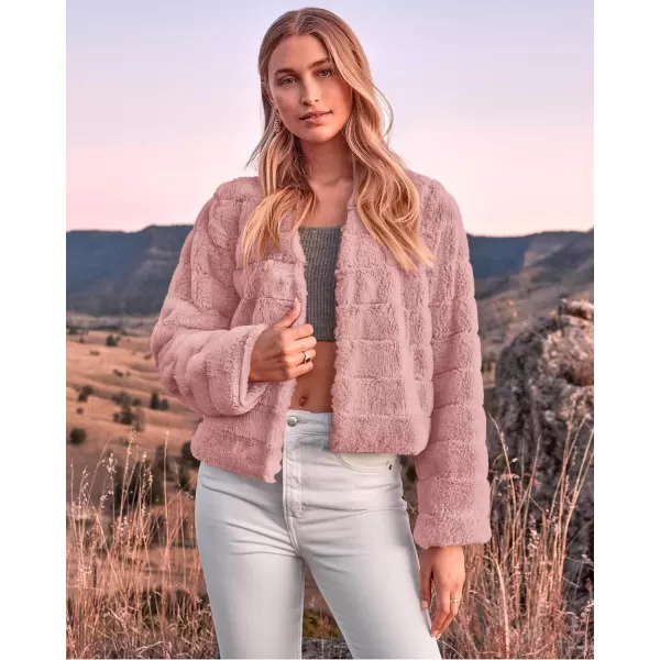 imageBTFBM Womens Faux Fur Cropped Jacket 2023 Fall Winter Fashion Soft Long Sleeve Open Front Fluffy Short Coat OuterwearSolid Pink