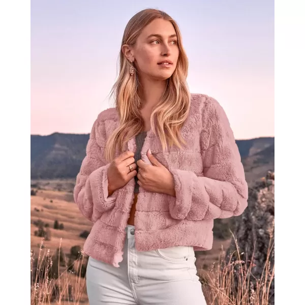 imageBTFBM Womens Faux Fur Cropped Jacket 2023 Fall Winter Fashion Soft Long Sleeve Open Front Fluffy Short Coat OuterwearSolid Pink