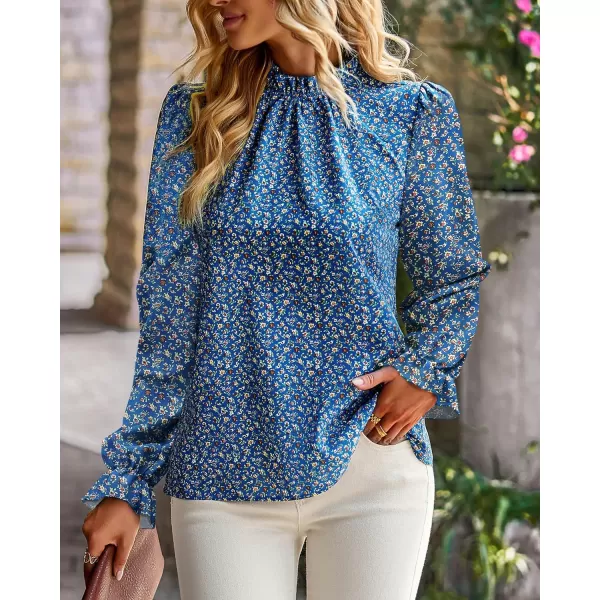 imageBTFBM Womens Long Sleeve Blouses Spring Summer 2024 Casual Boho Tops Frill Trim Mock Neck Floral Print Shirts Blouse TopFloral Blue