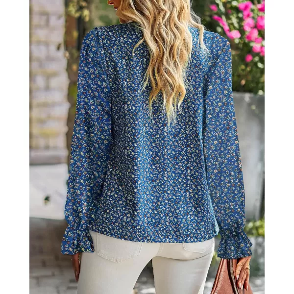 imageBTFBM Womens Long Sleeve Blouses Spring Summer 2024 Casual Boho Tops Frill Trim Mock Neck Floral Print Shirts Blouse TopFloral Blue