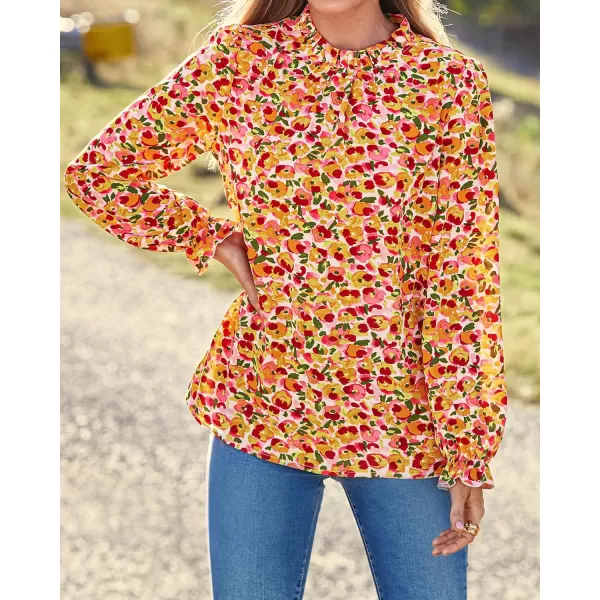 imageBTFBM Womens Long Sleeve Blouses Spring Summer 2024 Casual Boho Tops Frill Trim Mock Neck Floral Print Shirts Blouse TopFloral Pink