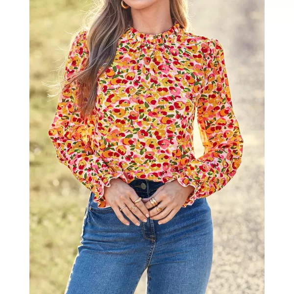 imageBTFBM Womens Long Sleeve Blouses Spring Summer 2024 Casual Boho Tops Frill Trim Mock Neck Floral Print Shirts Blouse TopFloral Pink