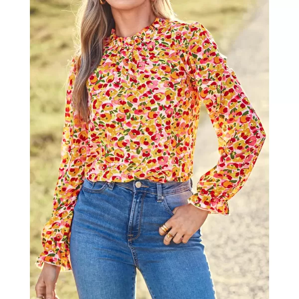 imageBTFBM Womens Long Sleeve Blouses Spring Summer 2024 Casual Boho Tops Frill Trim Mock Neck Floral Print Shirts Blouse TopFloral Pink