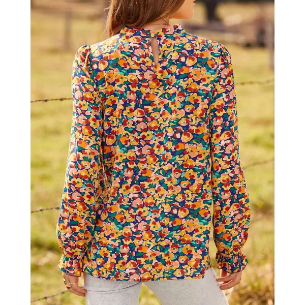 imageBTFBM Womens Long Sleeve Blouses Spring Summer 2024 Casual Boho Tops Frill Trim Mock Neck Floral Print Shirts Blouse TopFloral Royal Blue