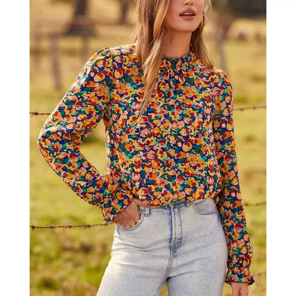 imageBTFBM Womens Long Sleeve Blouses Spring Summer 2024 Casual Boho Tops Frill Trim Mock Neck Floral Print Shirts Blouse TopFloral Royal Blue