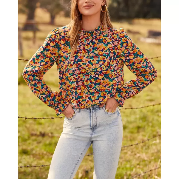 imageBTFBM Womens Long Sleeve Blouses Spring Summer 2024 Casual Boho Tops Frill Trim Mock Neck Floral Print Shirts Blouse TopFloral Royal Blue