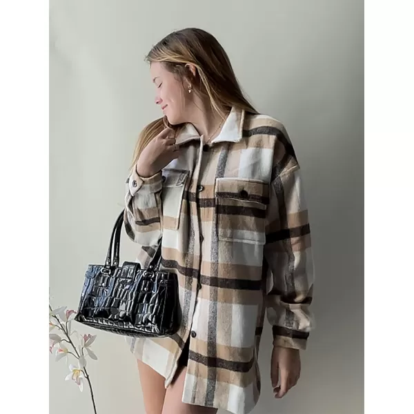 imageBTFBM Womens Long Sleeve Button Down Jackets Plaid Flannel Shirts Tops Casual Lapel V Neck Oversized Shackets Blouses TopPlaid Apricot