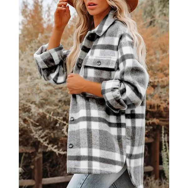 imageBTFBM Womens Long Sleeve Button Down Jackets Plaid Flannel Shirts Tops Casual Lapel V Neck Oversized Shackets Blouses TopPlaid Black