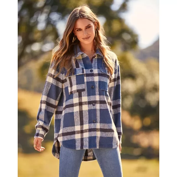 imageBTFBM Womens Long Sleeve Button Down Jackets Plaid Flannel Shirts Tops Casual Lapel V Neck Oversized Shackets Blouses TopPlaid Blue