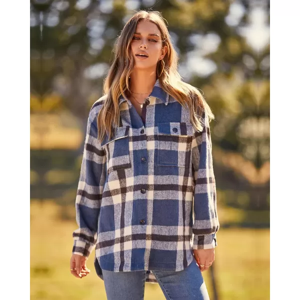 imageBTFBM Womens Long Sleeve Button Down Jackets Plaid Flannel Shirts Tops Casual Lapel V Neck Oversized Shackets Blouses TopPlaid Blue