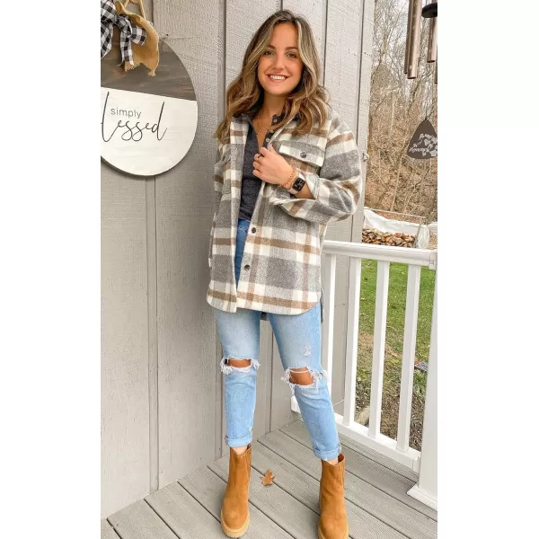 imageBTFBM Womens Long Sleeve Button Down Jackets Plaid Flannel Shirts Tops Casual Lapel V Neck Oversized Shackets Blouses TopPlaid Brown