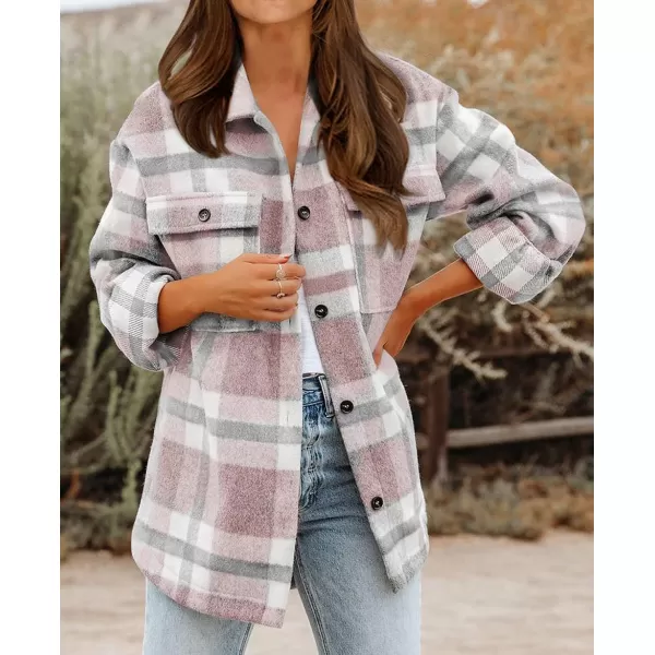 imageBTFBM Womens Long Sleeve Button Down Jackets Plaid Flannel Shirts Tops Casual Lapel V Neck Oversized Shackets Blouses TopPlaid Pink