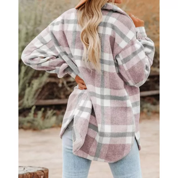 imageBTFBM Womens Long Sleeve Button Down Jackets Plaid Flannel Shirts Tops Casual Lapel V Neck Oversized Shackets Blouses TopPlaid Pink